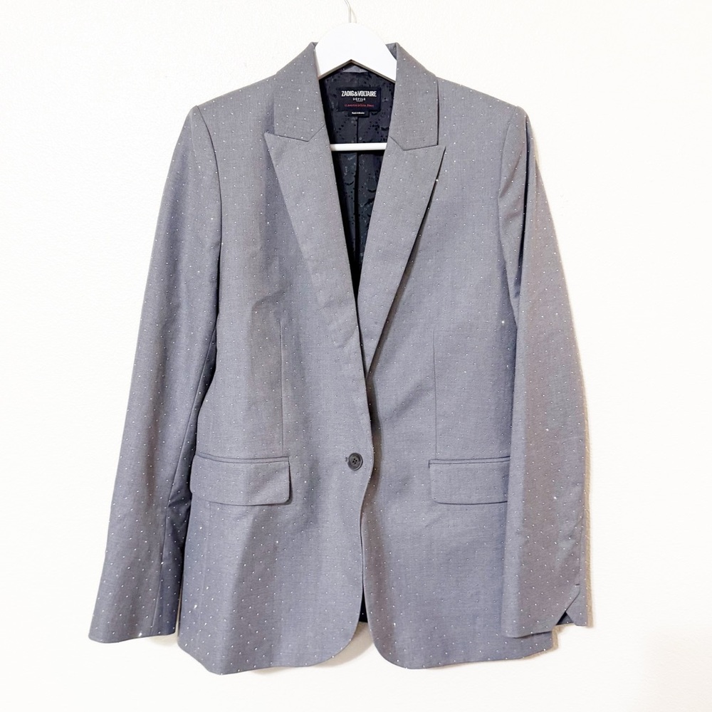 Zadig & Voltaire Valse Polka Dot Rhinestone Embellished Grey Structured Blazer - Picture 7 of 12